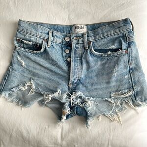 Agolde Light Blue Frayed Denim Shorts